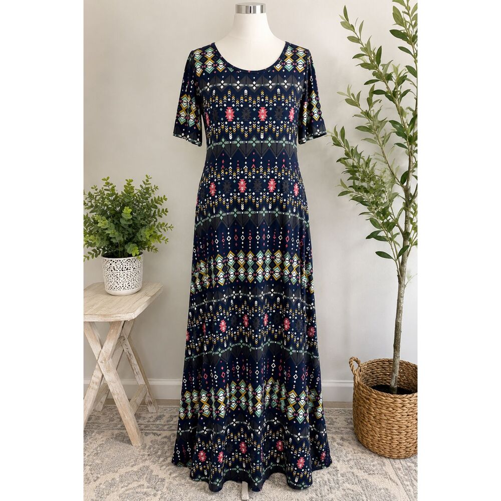 LuLaRoe Ana Maxi Dress Women's 3XL NWT Navy Aztec Geometric Scoop Neck Boho